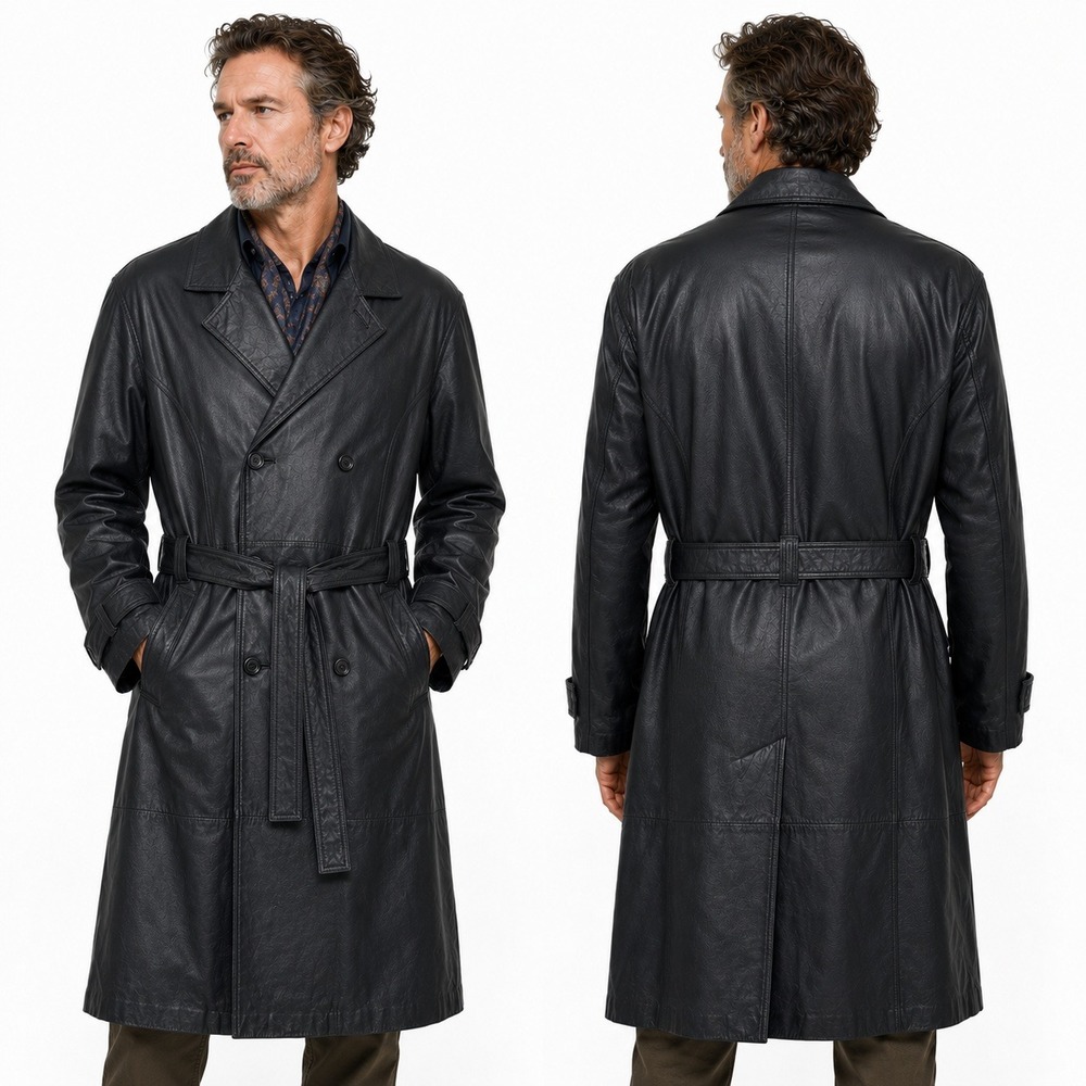 Wilsons Leather Trench Coat L Black Double Breasted Zip-Out Liner Matrix Grunge